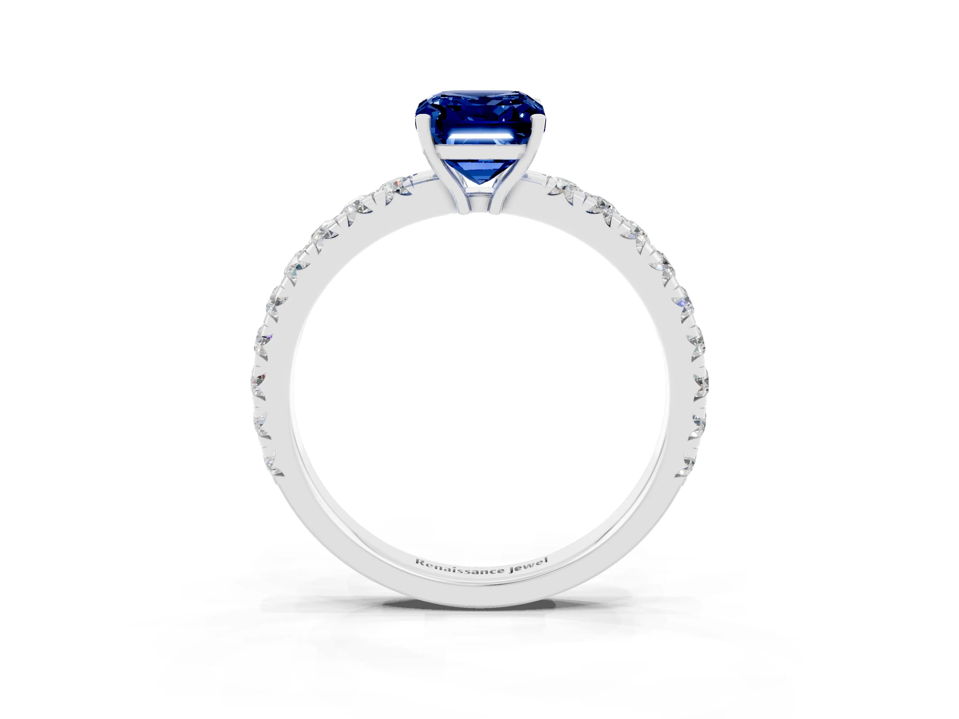 White gold Emerald Cut Blue Sapphire Pavé Solitaire Engagement Ring with Four-Prong Setting_15