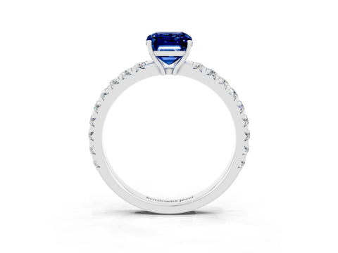 White gold Emerald Cut Blue Sapphire Pavé Solitaire Engagement Ring with Four-Prong Setting_15