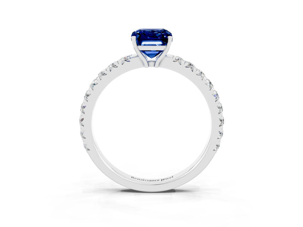 White gold Emerald Cut Blue Sapphire Pavé Solitaire Engagement Ring with Four-Prong Setting