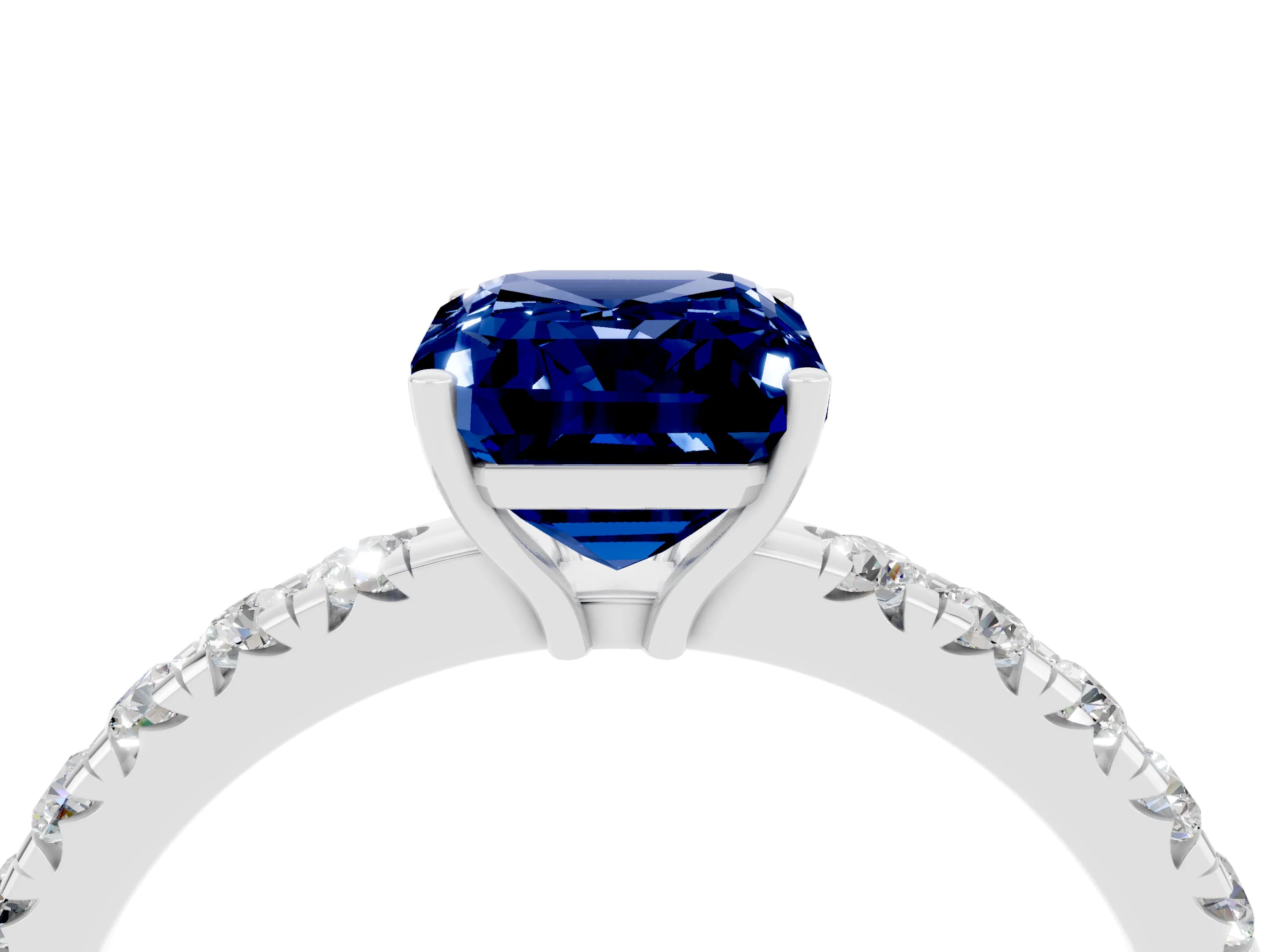 White gold Emerald Cut Blue Sapphire Pavé Solitaire Engagement Ring with Four-Prong Setting_16