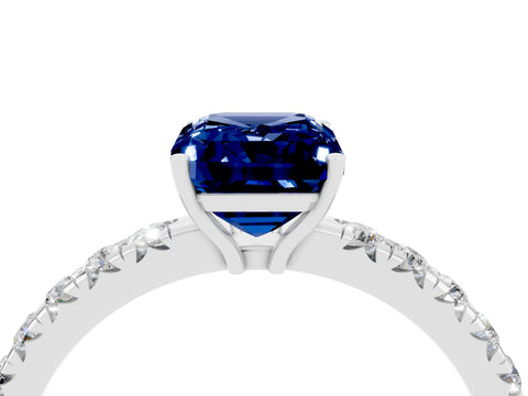 White gold Emerald Cut Blue Sapphire Pavé Solitaire Engagement Ring with Four-Prong Setting_16