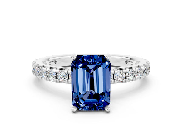 Silver Emerald Cut Blue Sapphire Pavé Solitaire Ring with Round Band and Prong Setting