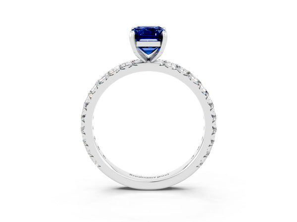 Silver Emerald Cut Blue Sapphire Pavé Solitaire Ring with Round Band and Prong Setting