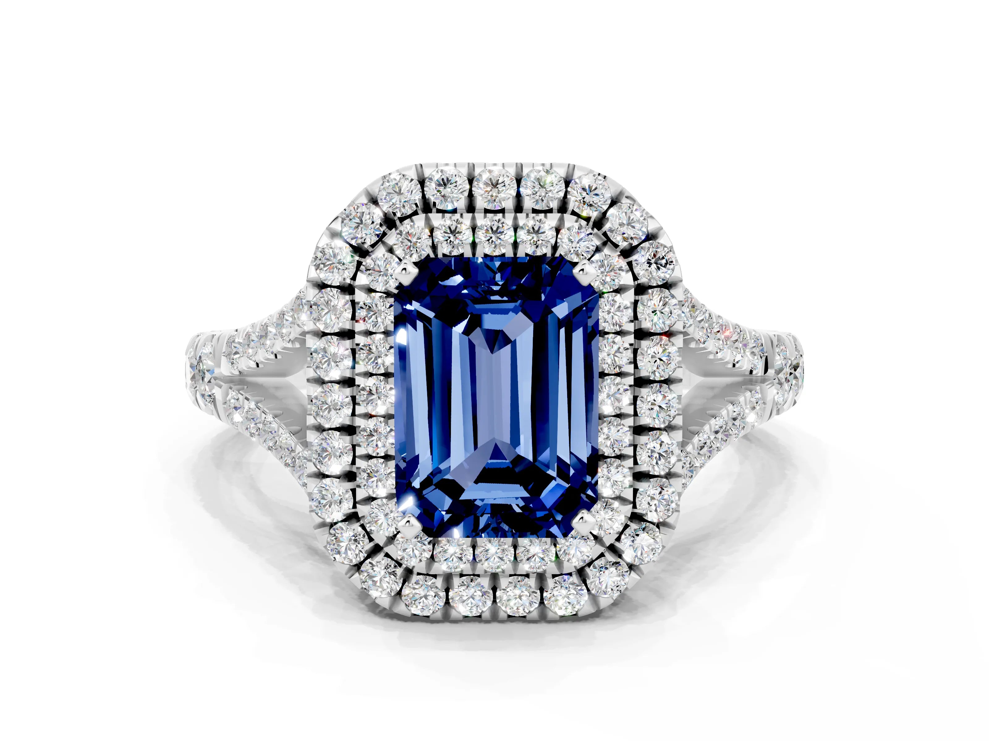 White gold Emerald Cut Blue Sapphire Pavé Split Shank Double Halo Engagement Ring