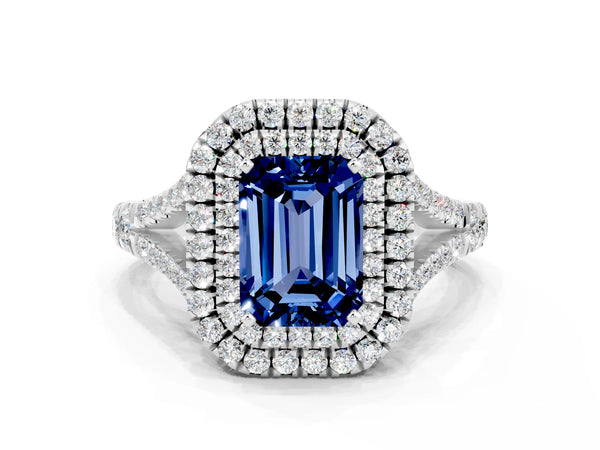 Platinum Emerald Cut Blue Sapphire Pavé Split Shank Double Halo Engagement Ring