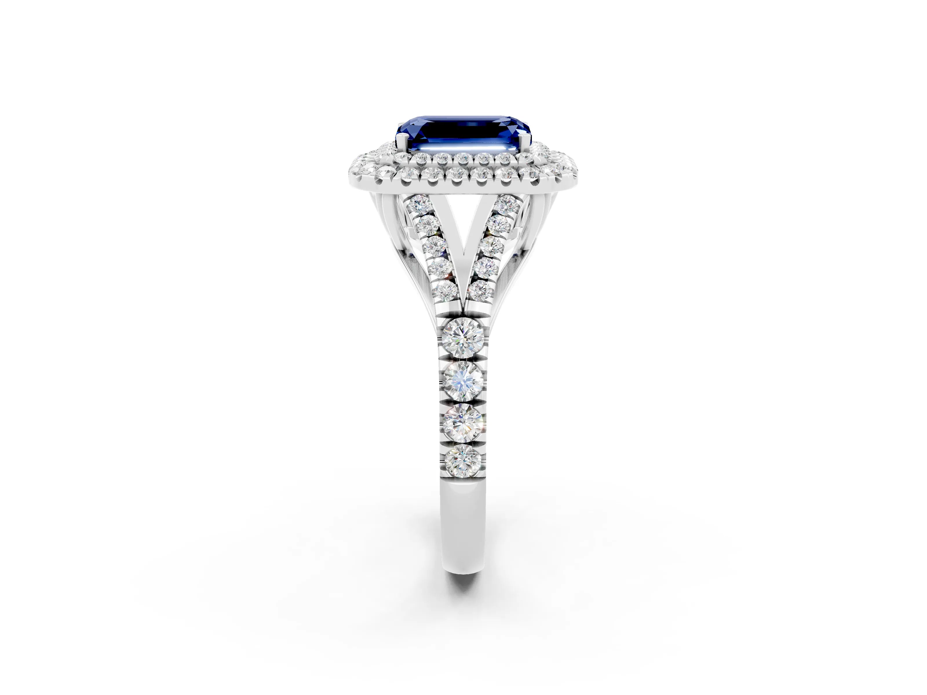 White gold Emerald Cut Blue Sapphire Pavé Split Shank Double Halo Engagement Ring_2