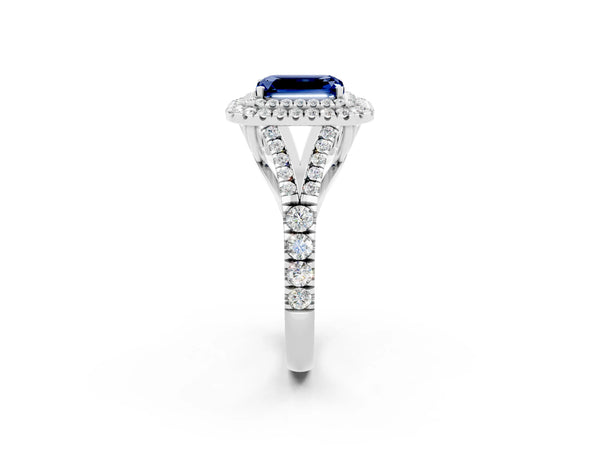 Silver Emerald Cut Blue Sapphire Pavé Split Shank Double Halo Engagement Ring