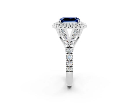 White gold Emerald Cut Blue Sapphire Pavé Split Shank Double Halo Engagement Ring_2