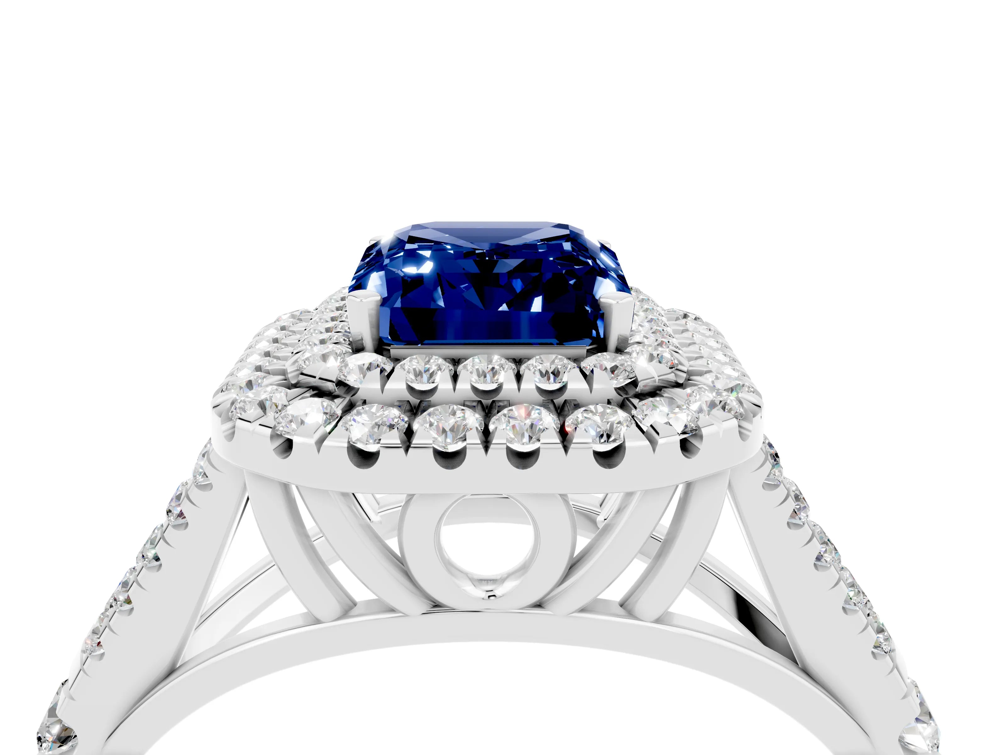 White gold Emerald Cut Blue Sapphire Pavé Split Shank Double Halo Engagement Ring_4