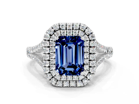 White gold Emerald Cut Blue Sapphire Pavé Split Shank Double Halo Engagement Ring