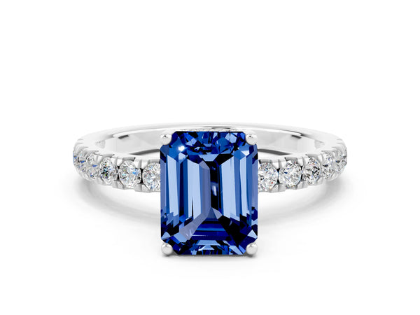Platinum Emerald Cut Blue Sapphire Pave Band Solitaire Ring with Round  and Prong Setting