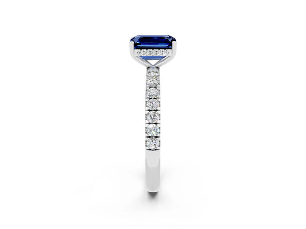 Platinum Emerald Cut Blue Sapphire Pave Band Solitaire Ring with Round  and Prong Setting