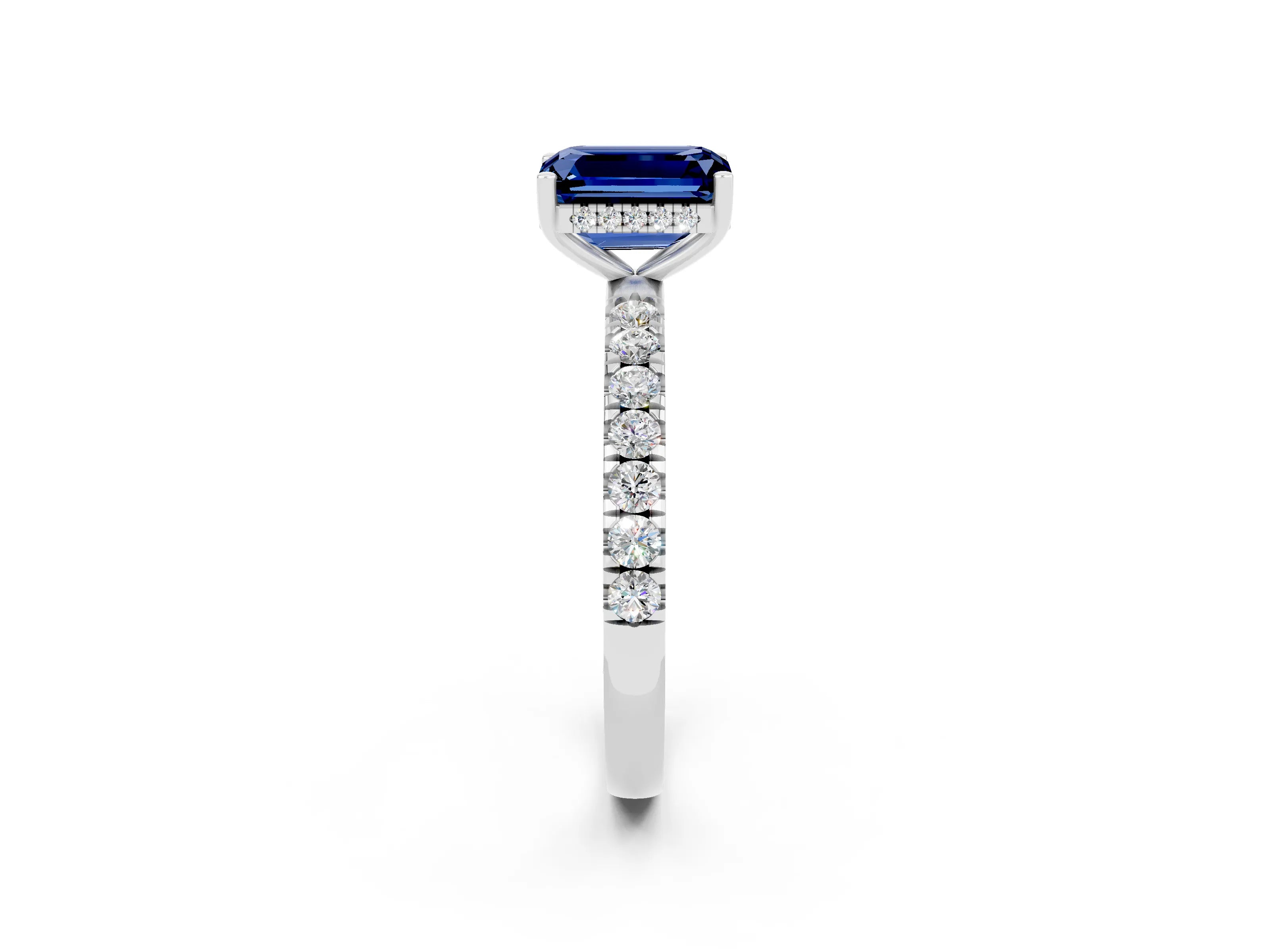 White gold Emerald Cut Blue Sapphire Pave Band Solitaire Ring with Four-Prong Setting_26