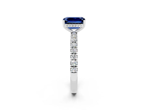 White gold Emerald Cut Blue Sapphire Pave Band Solitaire Ring with Four-Prong Setting_26