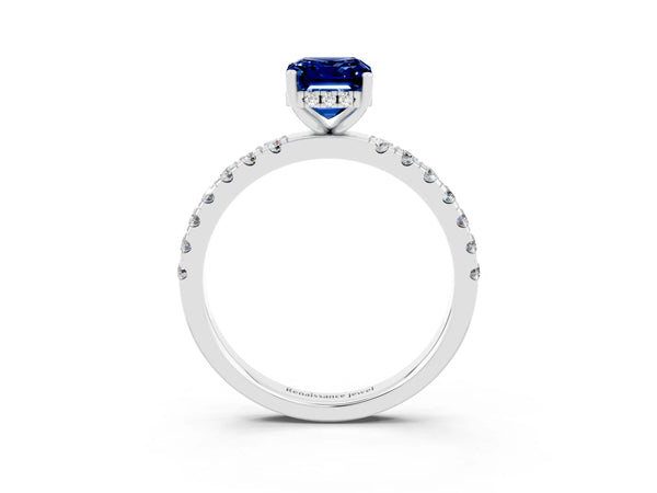 Silver Emerald Cut Blue Sapphire Pave Band Solitaire Ring with Round  and Prong Setting