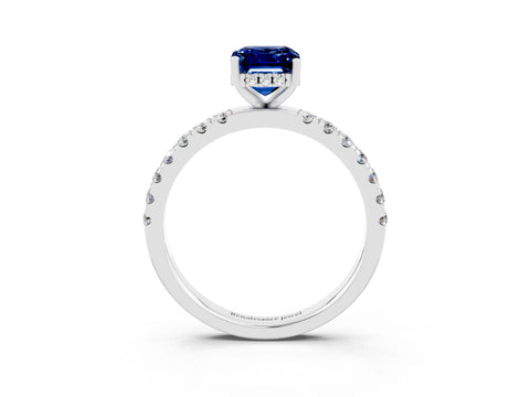 White gold Emerald Cut Blue Sapphire Pave Band Solitaire Ring with Four-Prong Setting_27