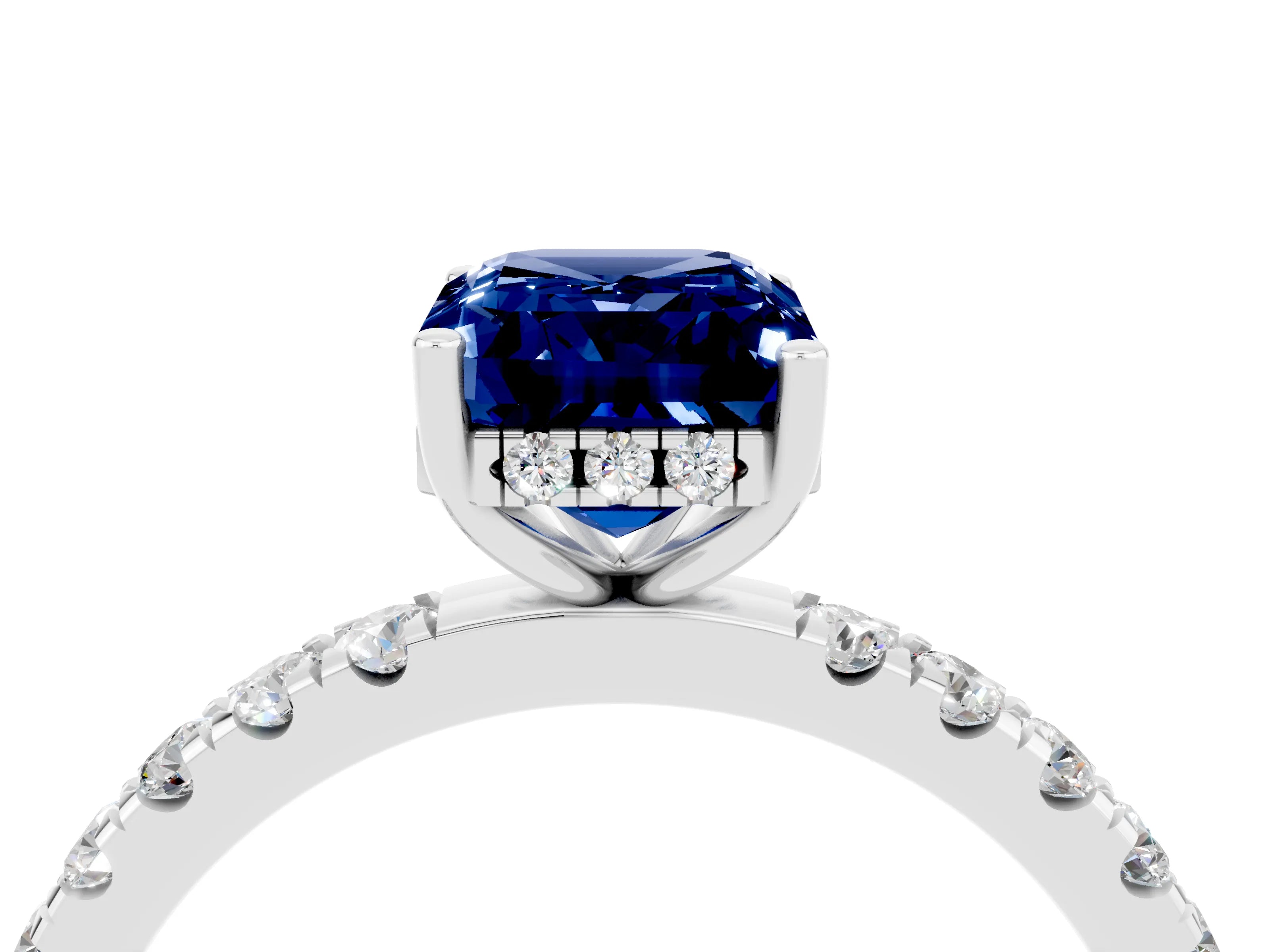 White gold Emerald Cut Blue Sapphire Pave Band Solitaire Ring with Four-Prong Setting_28