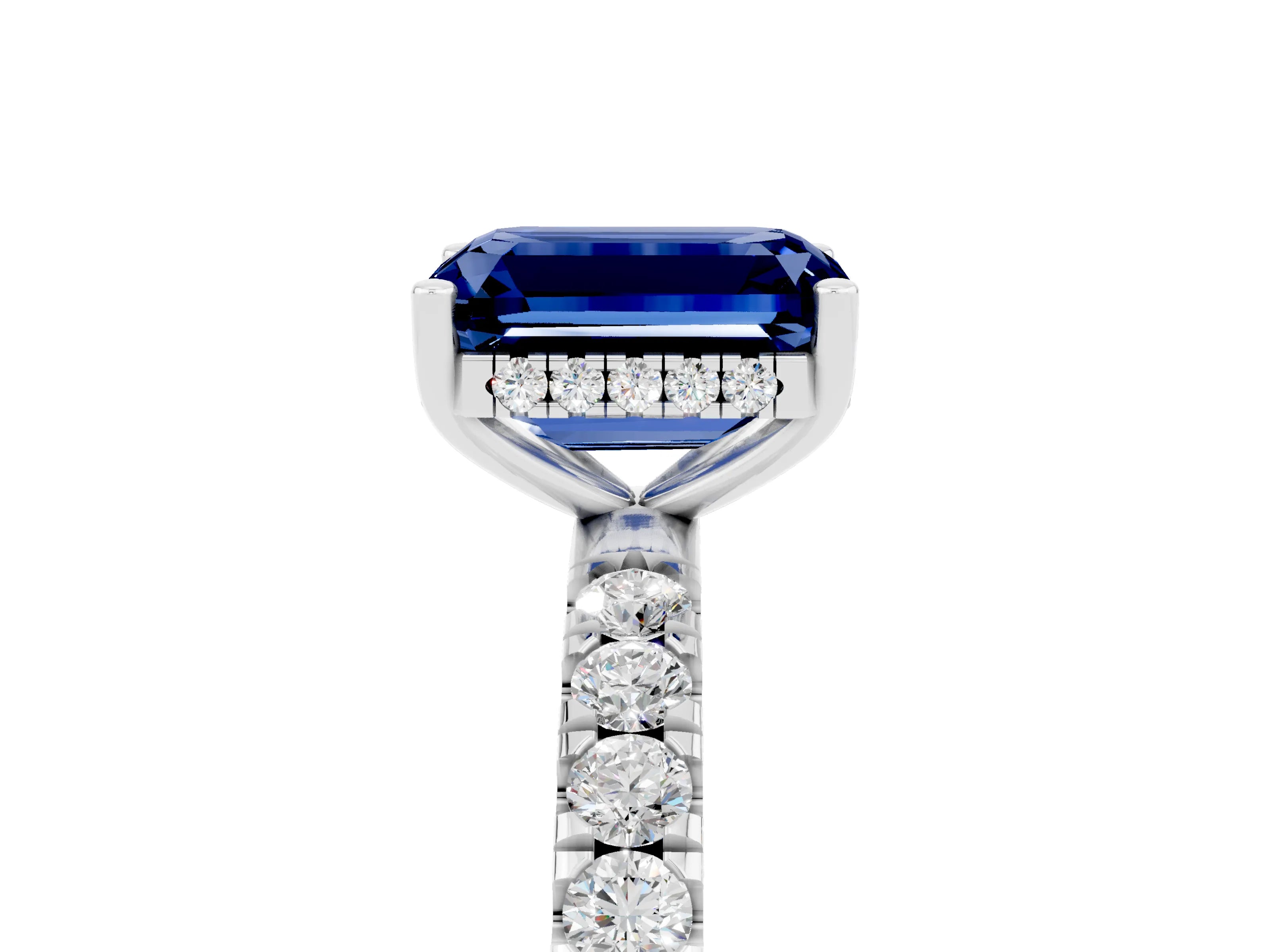 White gold Emerald Cut Blue Sapphire Pave Band Solitaire Ring with Four-Prong Setting_29