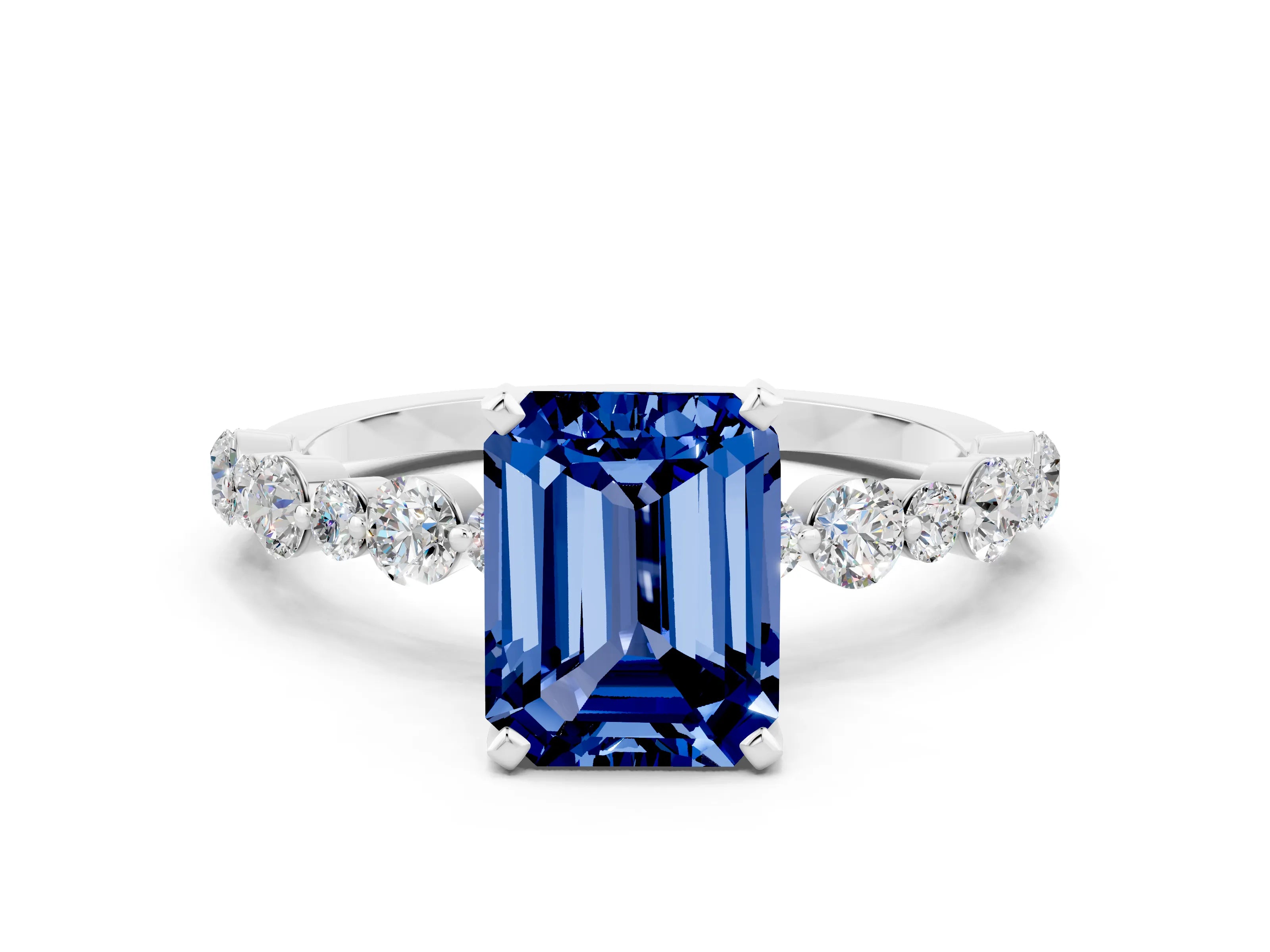 White gold Emerald Cut Blue Sapphire Prong Set Engagement Ring with Pavé Band