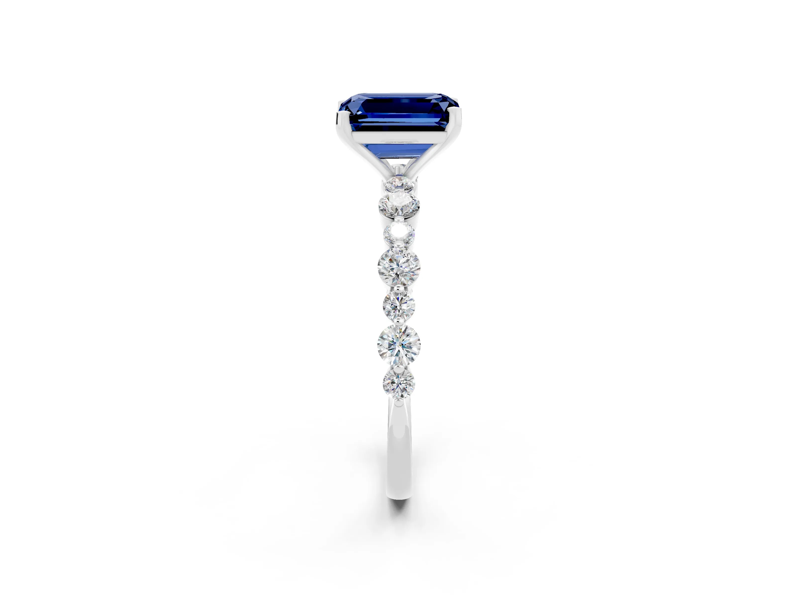 White gold Emerald Cut Blue Sapphire Prong Set Engagement Ring with Pavé Band_2