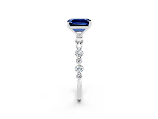 Silver Emerald Cut Blue Sapphire Prong Set Engagement Ring with Pavé Band