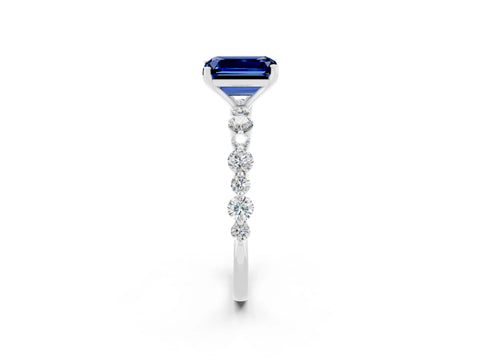 White gold Emerald Cut Blue Sapphire Prong Set Engagement Ring with Pavé Band_2