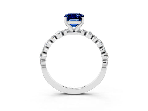 White gold Emerald Cut Blue Sapphire Prong Set Engagement Ring with Pavé Band_3