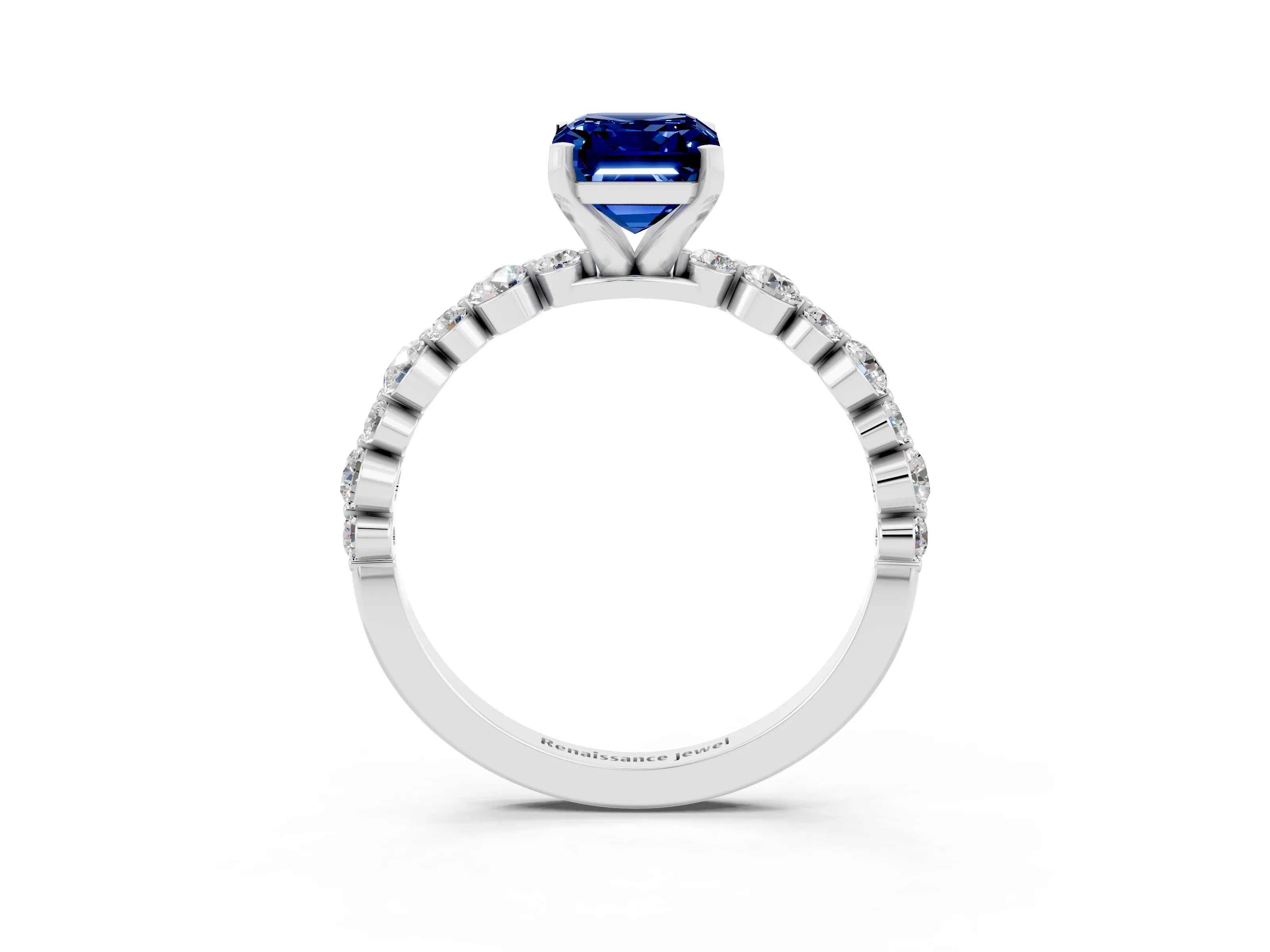 White gold Emerald Cut Blue Sapphire Prong Set Engagement Ring with Pavé Band_3