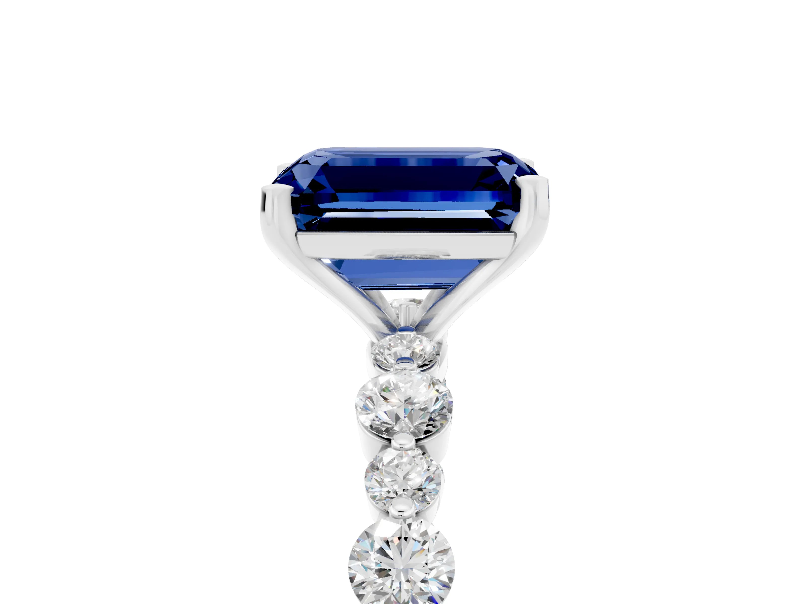 White gold Emerald Cut Blue Sapphire Prong Set Engagement Ring with Pavé Band_5