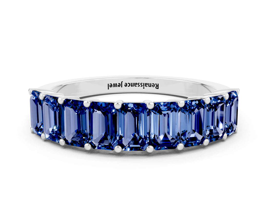 White gold Emerald Cut Blue Sapphire Prong-Set Eternity Band_6