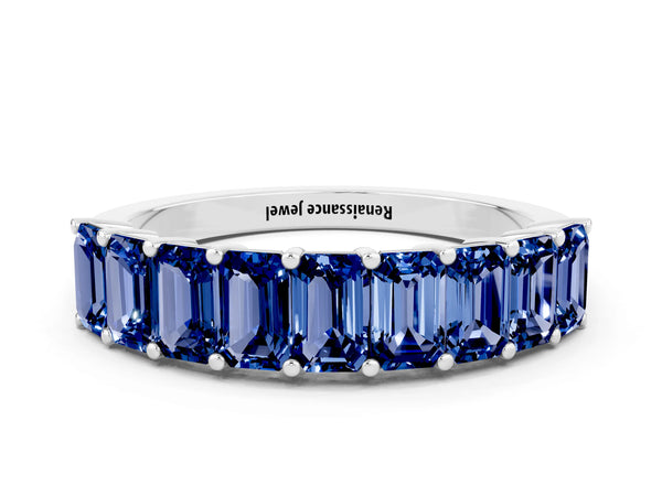 White gold Emerald Cut Blue Sapphire Prong-Set Eternity Band