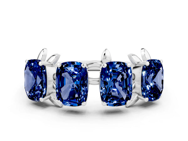 Platinum Emerald Cut Blue Sapphire Prong-Set Half Eternity Band
