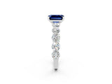 White gold Emerald Cut Blue Sapphire Prong Setting with Side Stones on a Pave Band_2