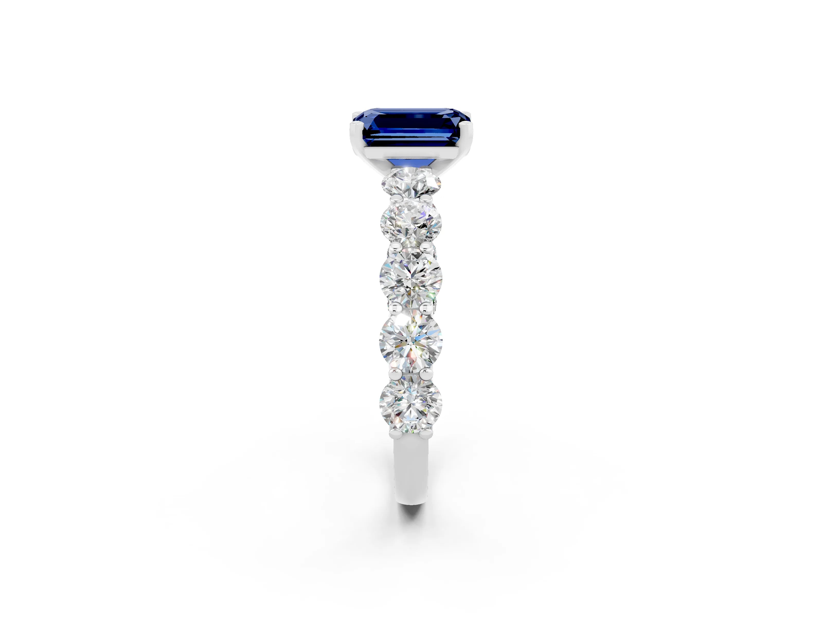 White gold Emerald Cut Blue Sapphire Prong Setting with Side Stones on a Pave Band_2