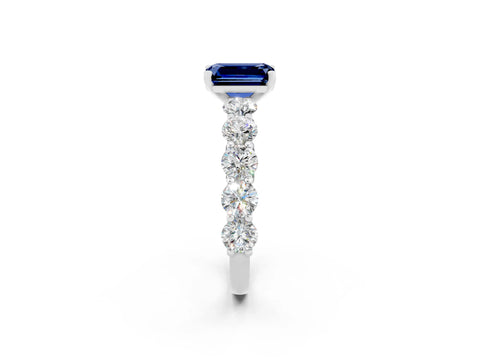 White gold Emerald Cut Blue Sapphire Prong Setting with Side Stones on a Pave Band_2