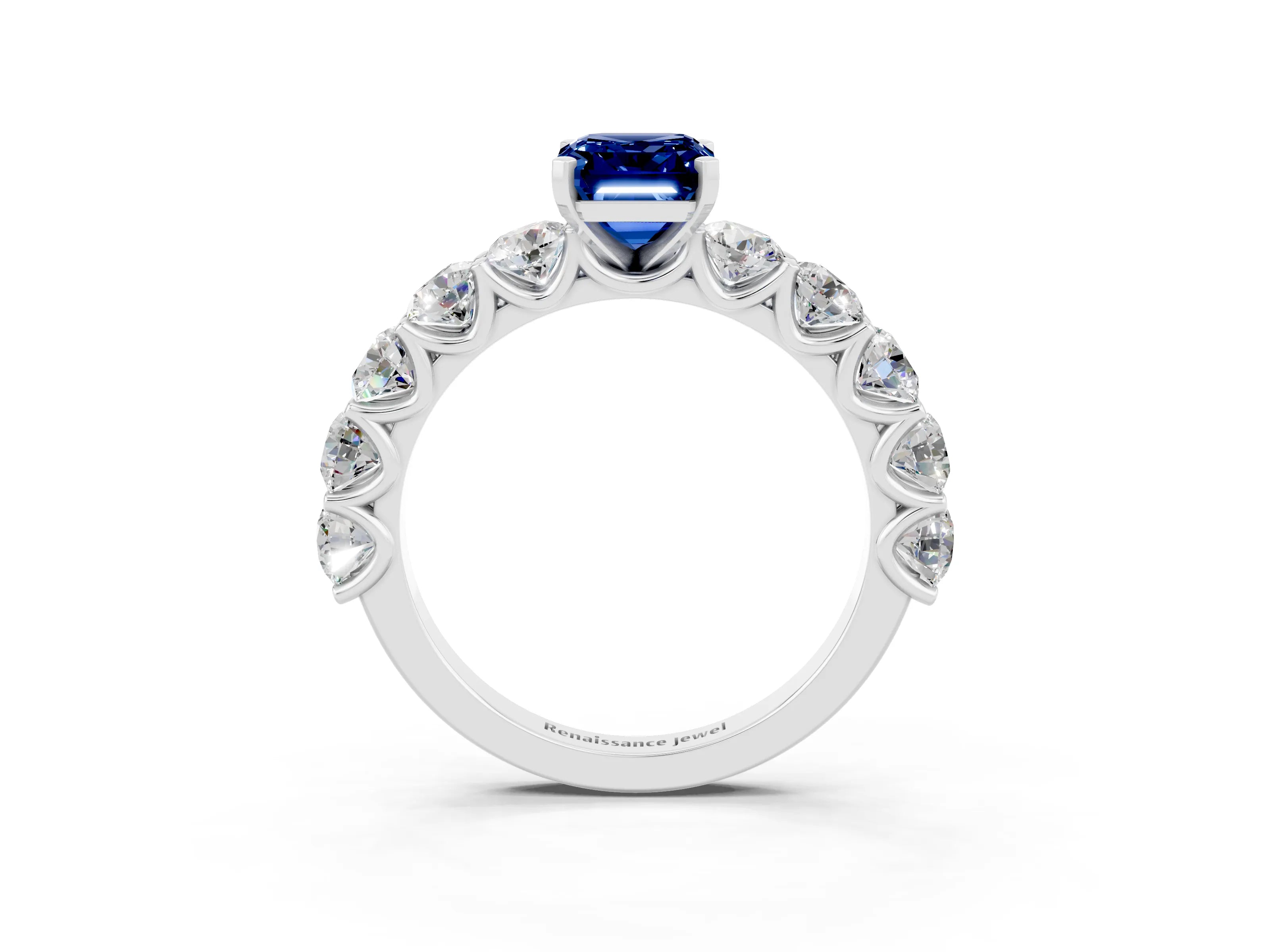 White gold Emerald Cut Blue Sapphire Prong Setting with Side Stones on a Pave Band_3