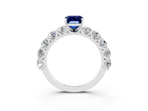 White gold Emerald Cut Blue Sapphire Prong Setting with Side Stones on a Pave Band_3