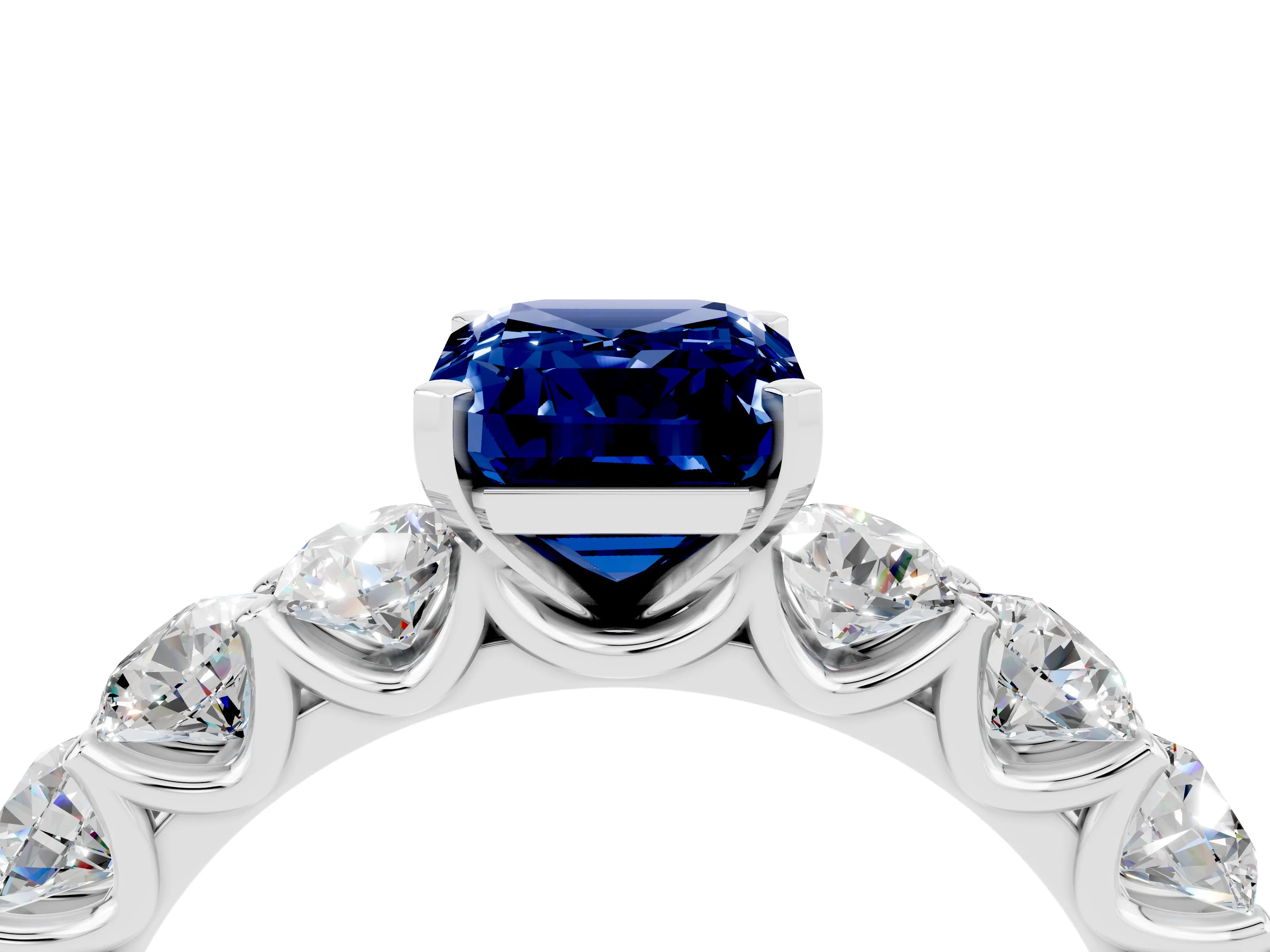White gold Emerald Cut Blue Sapphire Prong Setting with Side Stones on a Pave Band_4