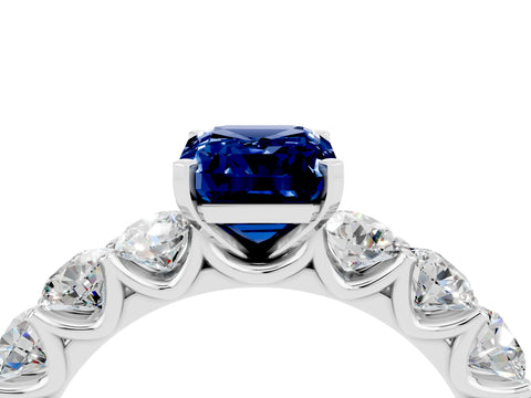 White gold Emerald Cut Blue Sapphire Prong Setting with Side Stones on a Pave Band_4