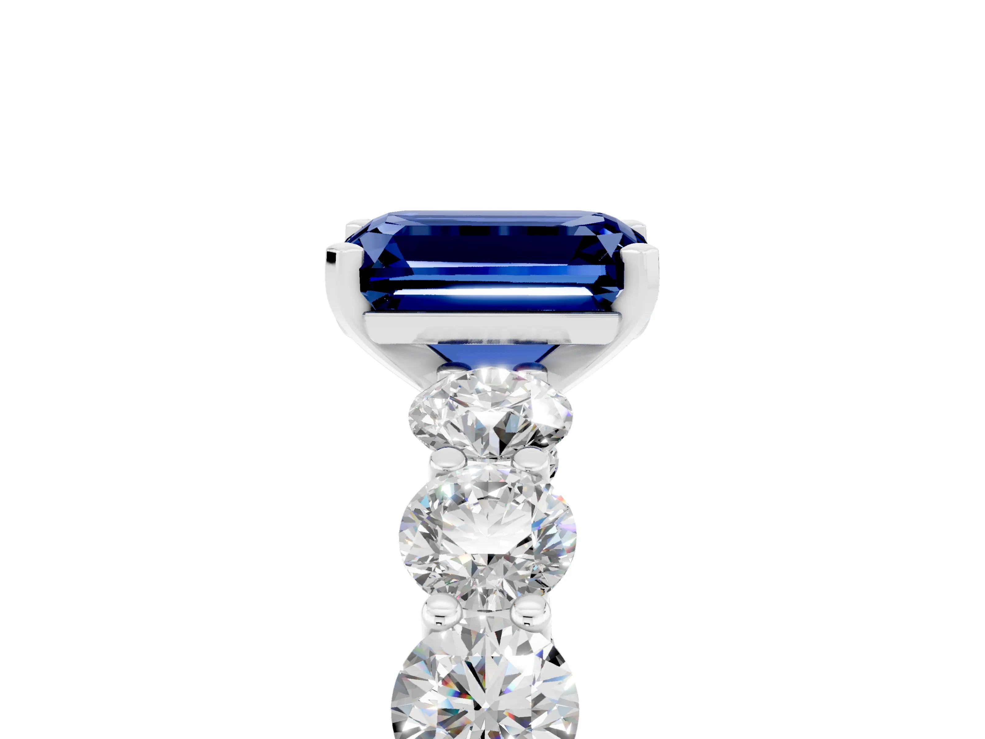 White gold Emerald Cut Blue Sapphire Prong Setting with Side Stones on a Pave Band_5