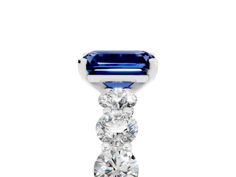 White gold Emerald Cut Blue Sapphire Prong Setting with Side Stones on a Pave Band_5