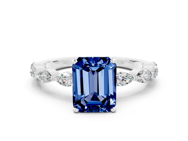 Platinum Emerald Cut Blue Sapphire Ring with Marquise Side Stones and Prong Setting