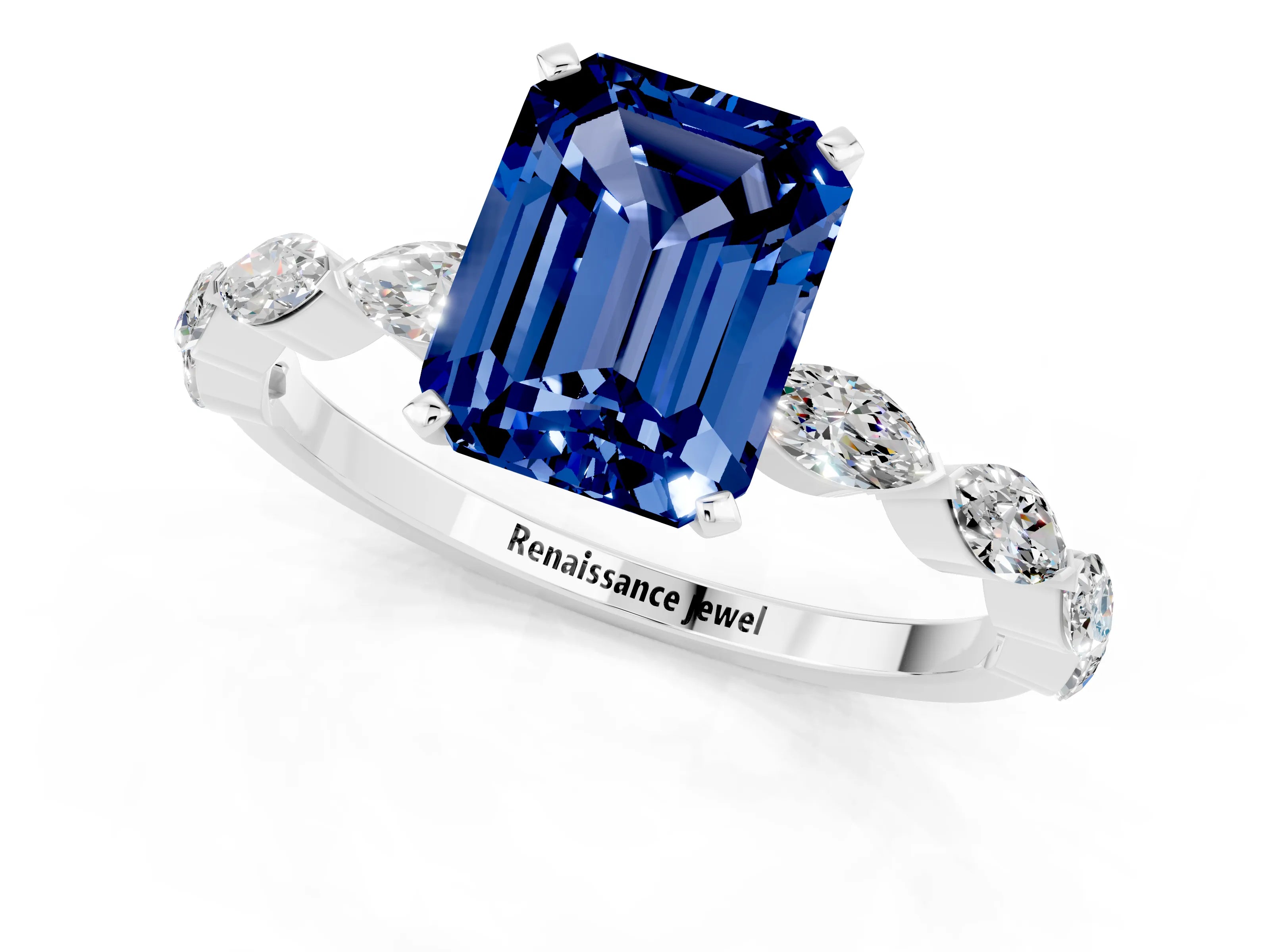 White gold Emerald Cut Blue Sapphire Ring with Marquise Side Stones and Prong Setting_1
