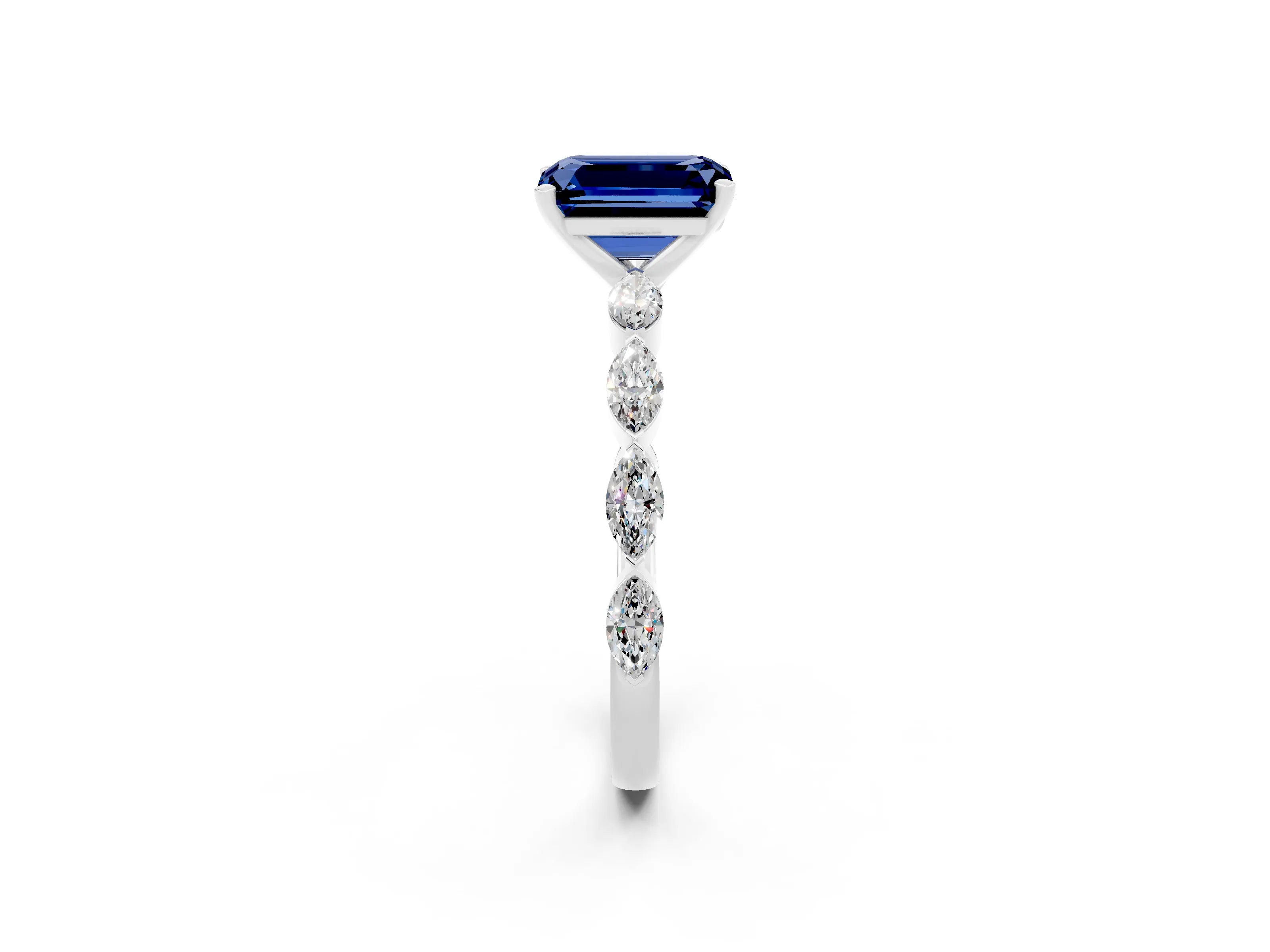 White gold Emerald Cut Blue Sapphire Ring with Marquise Side Stones and Prong Setting_2