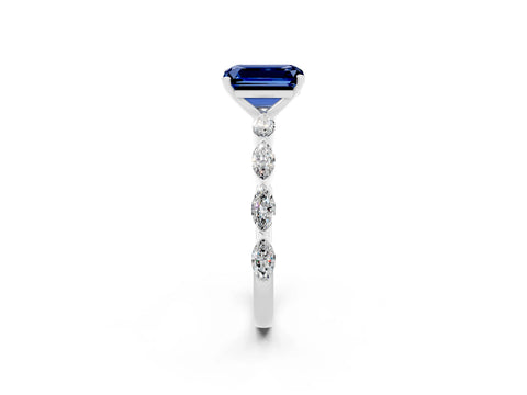 White gold Emerald Cut Blue Sapphire Ring with Marquise Side Stones and Prong Setting_2