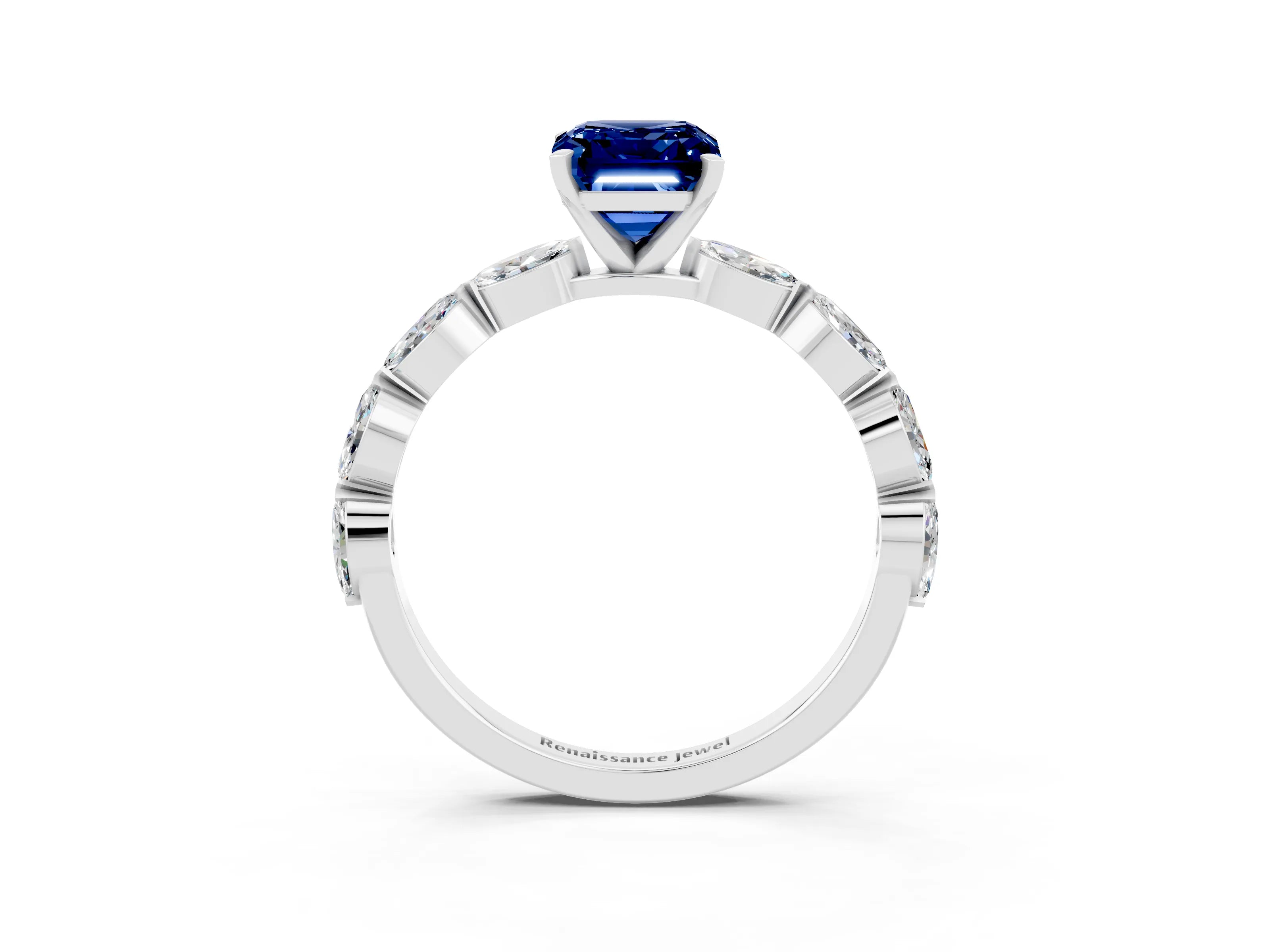 White gold Emerald Cut Blue Sapphire Ring with Marquise Side Stones and Prong Setting_3