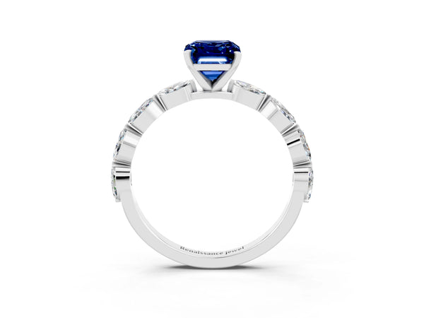 Platinum Emerald Cut Blue Sapphire Ring with Marquise Side Stones and Prong Setting