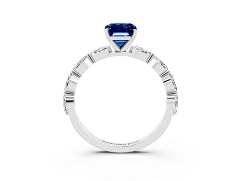 White gold Emerald Cut Blue Sapphire Ring with Marquise Side Stones and Prong Setting_3