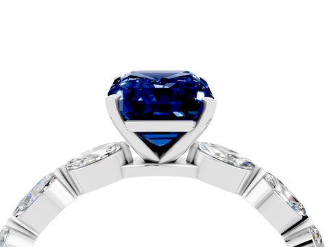 White gold Emerald Cut Blue Sapphire Ring with Marquise Side Stones and Prong Setting_4