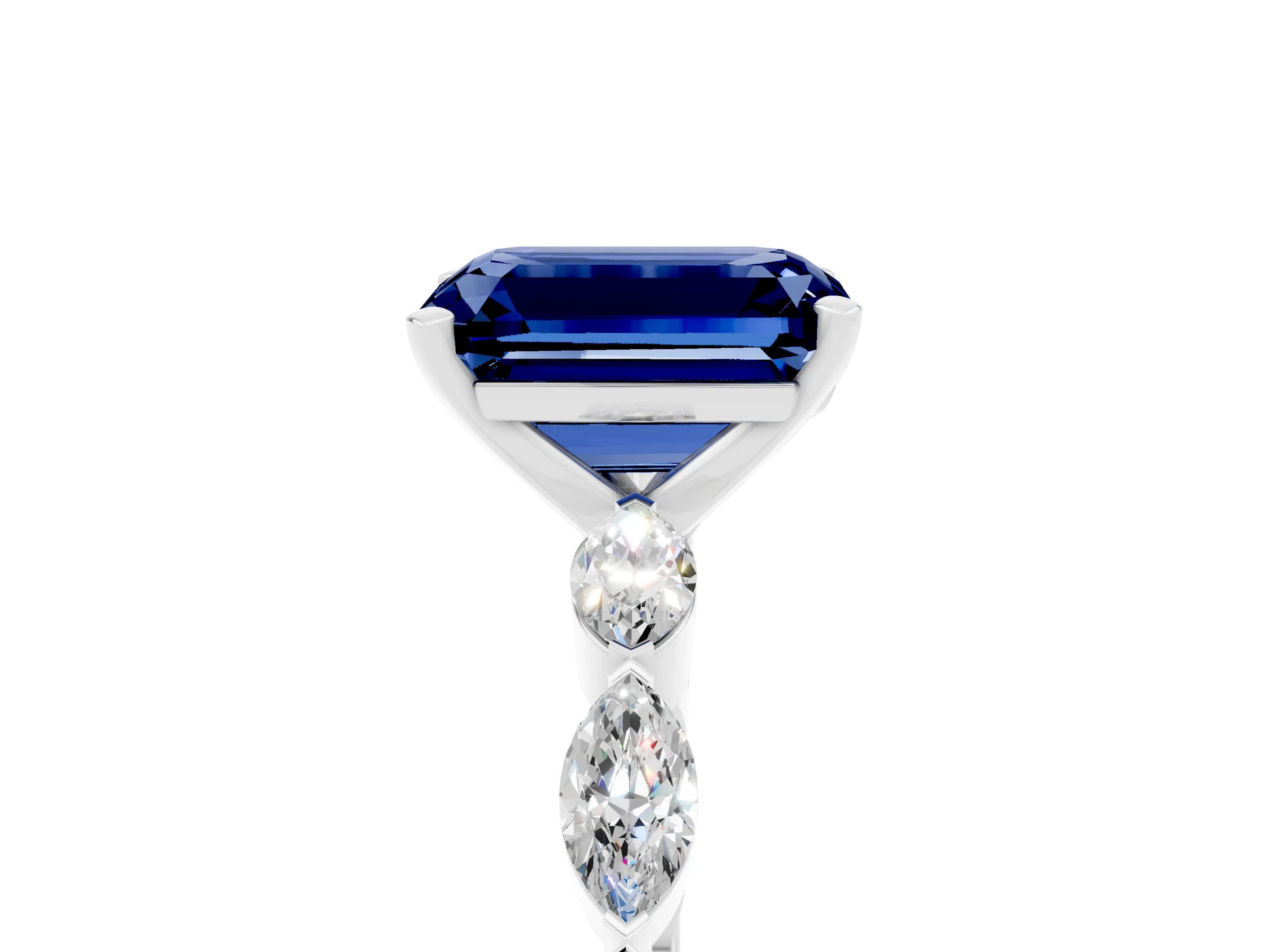 White gold Emerald Cut Blue Sapphire Ring with Marquise Side Stones and Prong Setting_5